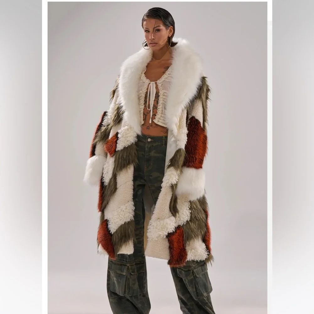NWT Akira Patchwork Faux Fur Coat in Cream, Olive & Rust    1X /2X - Picture 2 of 12
